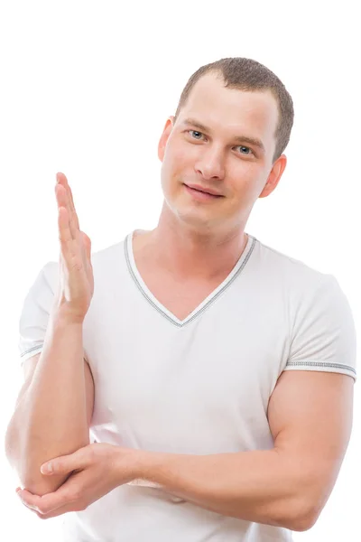 Happy man raised his hand up on a white background — Stock Photo, Image