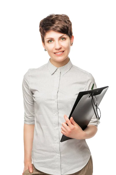Úspěšná mladá žena se složkou na bílém pozadí, samostatný — Stock fotografie