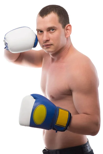 Athlete posing on a white background with a naked torso in boxin — Stock Photo, Image