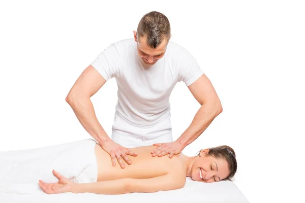 Jovem terapeuta de massagem profissional e isolamento do paciente — Fotografia de Stock