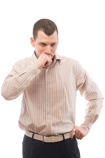 Hombre reflexivo de 30 años en una camisa con rayas aisladas — Foto de Stock