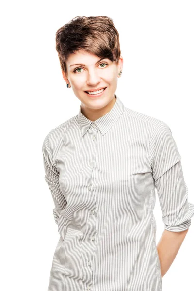 Retrato vertical aislado de una mujer de negocios con una sonrisa en hi — Foto de Stock