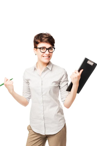 Retrato vertical de uma mulher de negócios de sucesso feliz em um whit — Fotografia de Stock