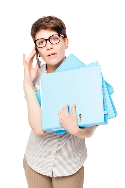 Accountant with folders and phone on a white background isolated — Stock Photo, Image