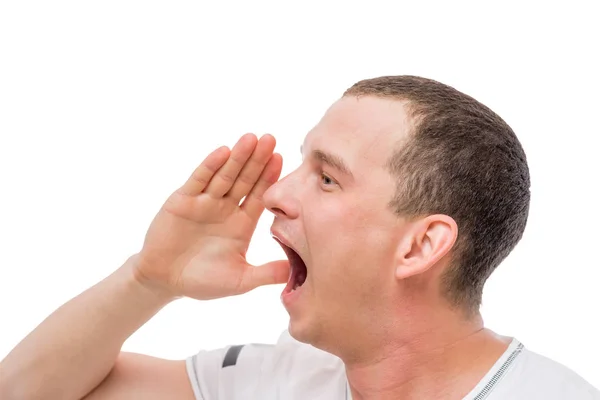 Man schreeuwen luid, staand op een witte achtergrond — Stockfoto
