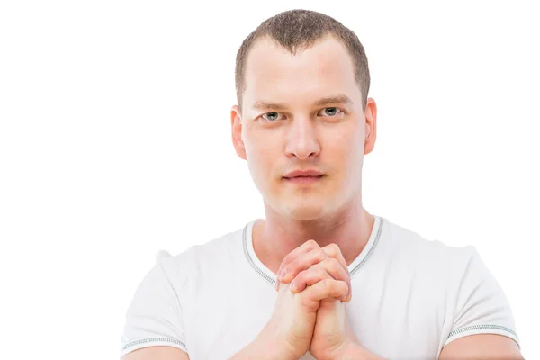 Horizontal portrait of a man in a white T-shirt brunette isolati — Stock Photo, Image