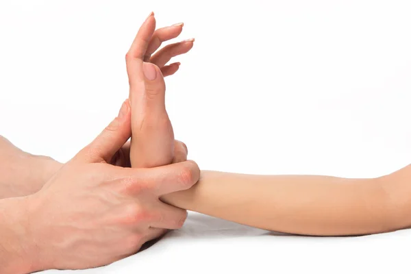 Punt professionele massage handen close-up geïsoleerd — Stockfoto