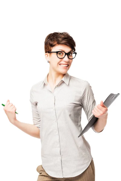 Successful happy young woman rejoicing on a white background — Stock Photo, Image