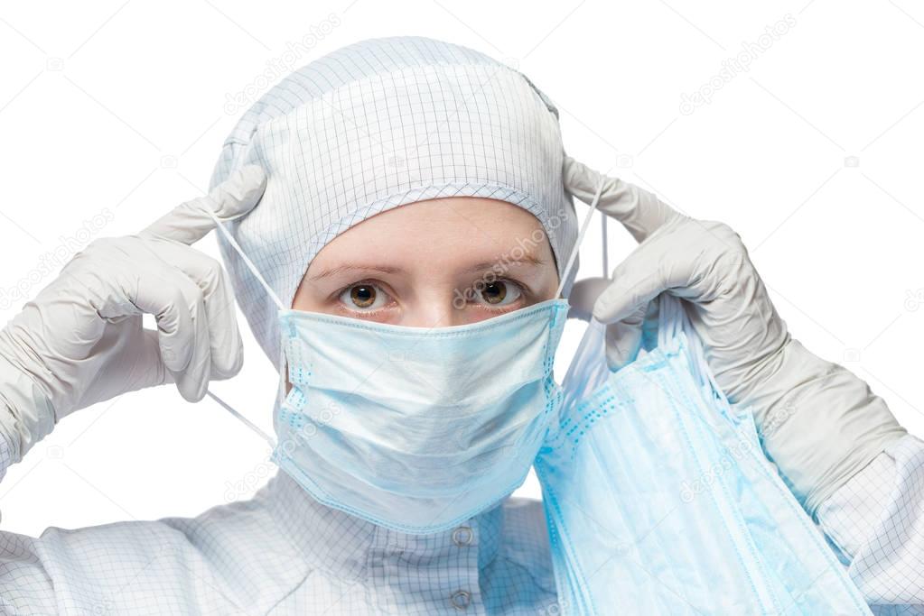 biochemist worker wears a protective mask for work, isolated por