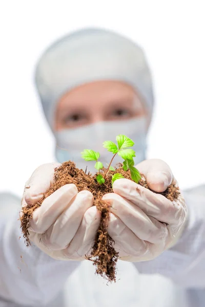 Vertikala porträtt av en biolog i kostym med grodden i den — Stockfoto