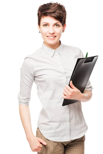 Mujer morena negocio muy exitoso, retrato en un bac blanco — Foto de Stock