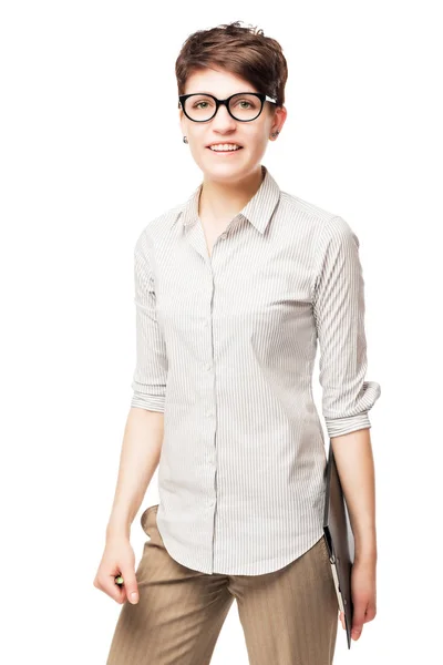 Brunette with short hair in a shirt on a white background — Stock Photo, Image