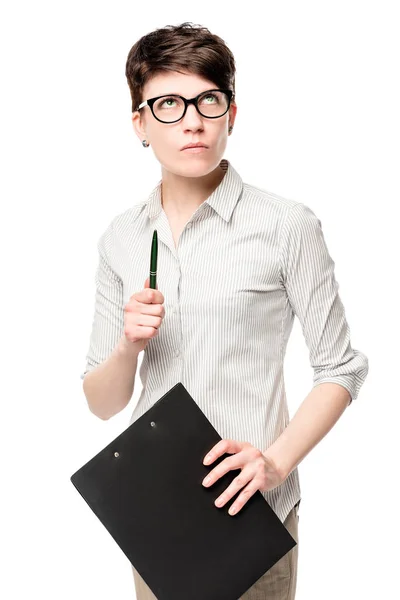 On a white background portrait of a pensive woman office worker — Stock Photo, Image