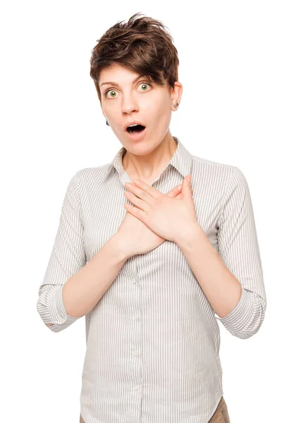 Surprised woman with an open mouth on a white background isolate — Stock Photo, Image