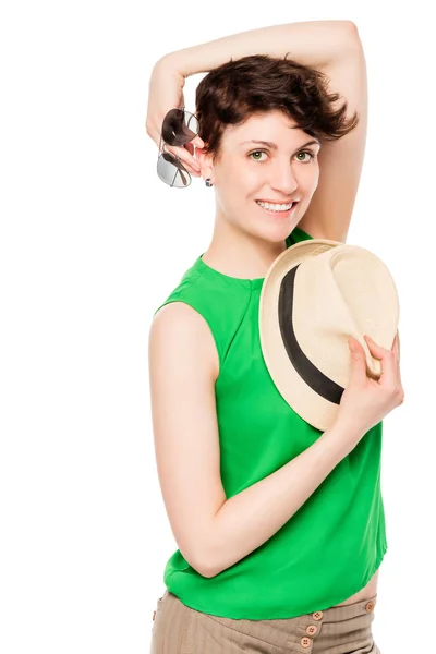 Una donna con un bel sorriso girato in studio su un bac bianco — Foto Stock