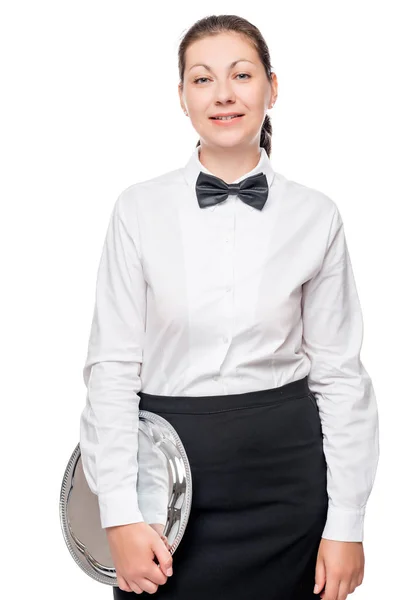 Elegante Kellnerin mit silbernem Tablett auf weißem Hintergrund — Stockfoto