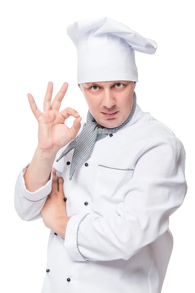 Emotionele chef-kok toont gebaar alles heerlijk op een witte achtergrond — Stockfoto