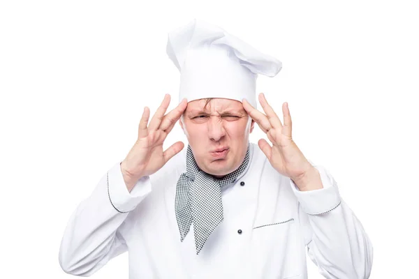 Dolor de cabeza han sobrecargado retrato de chef aislado en backgr blanco — Foto de Stock
