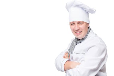 Cook, ceket ve beyaz arka plan ve mekan kapağı