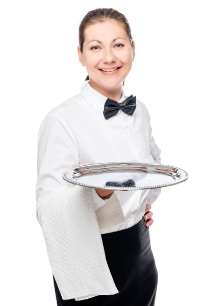 Portret z kobietą sukcesu kelner z tacą na wh. — Zdjęcie stockowe