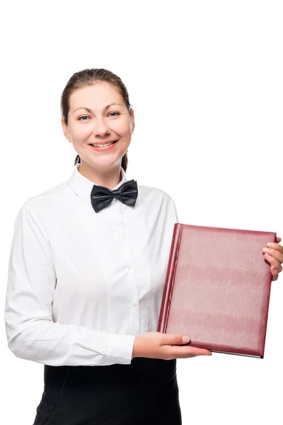 Retrato vertical de una joven camarera en el menú de una carpeta —  Fotos de Stock