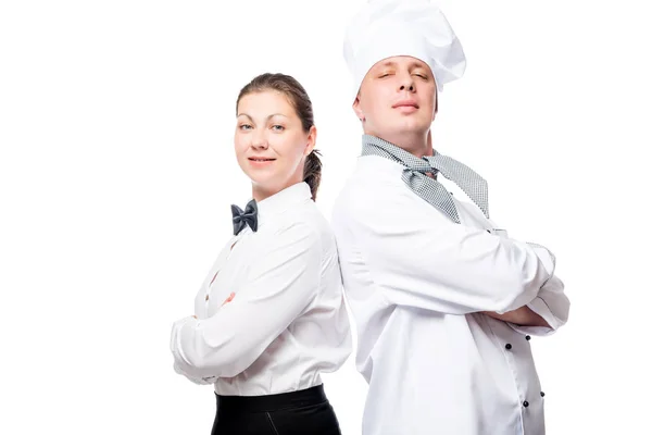 Camarera y chef confiado en retrato de fondo blanco en unif — Foto de Stock