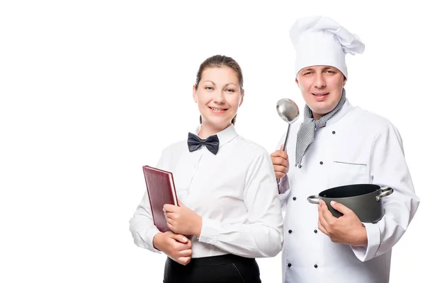 Chef de sucesso e garçonete de uniforme em um fundo branco — Fotografia de Stock