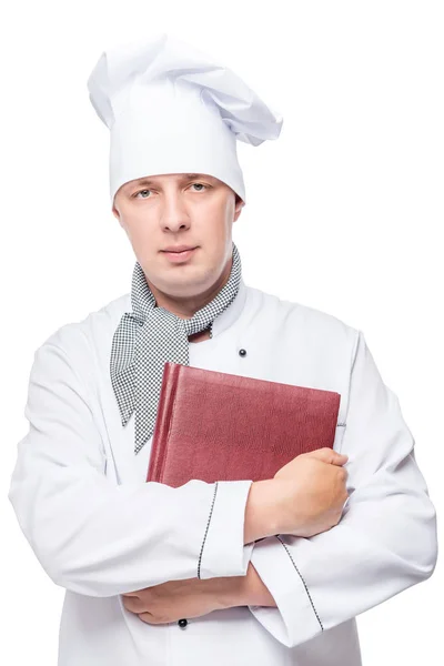 Portret van de 30-jarige chef-kok met menu's in hand geïsoleerd in studio — Stockfoto