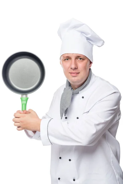Вертикальный портрет шеф-повара с сковородкой на белой заднице — стоковое фото