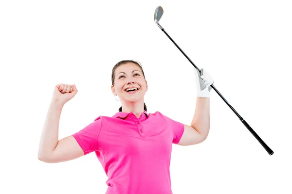 Felajzott golfozó élvezi a nyerő, a portré egy fehér háttér — Stock Fotó