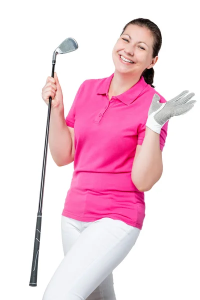 Emotionele meisje gelukkig na een spelletje golf op een witte achtergrond — Stockfoto