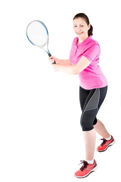 Mujer activa le gusta jugar al tenis, jugador de retratos con raqueta o — Foto de Stock