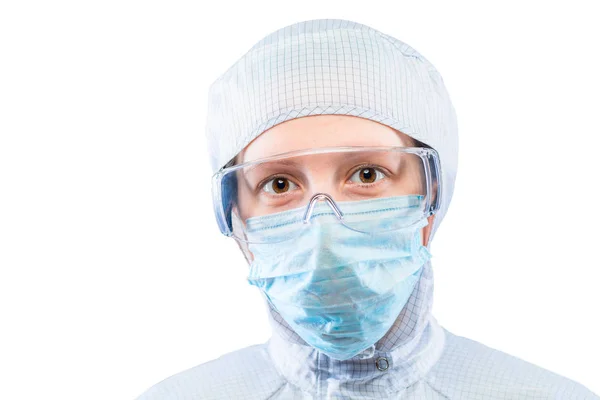 Horizontal portrait of a biochemist in a protective suit on a wh — Stock Photo, Image