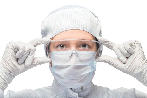Chemist wears a protective suit for working with reagents isolat — Stock Photo, Image