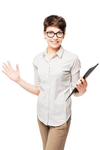 Happy woman in glasses with a folder on a white background rejoi — Stock Photo, Image