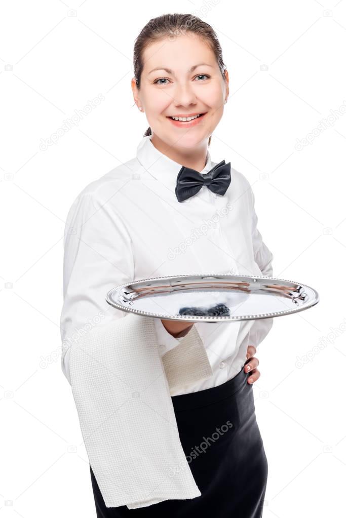 Portrait of a successful woman of the waiter with a tray on a wh