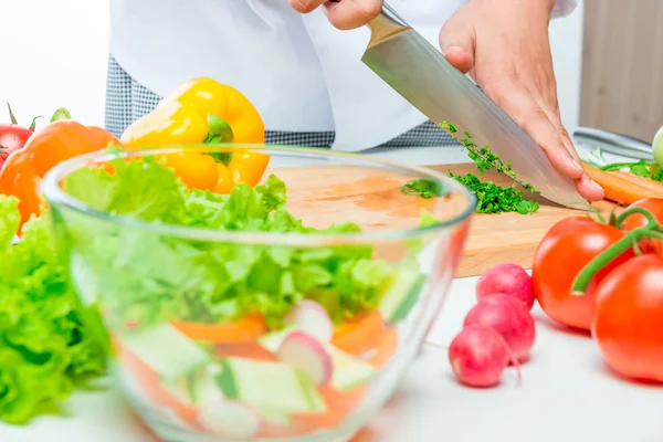 Shooting cooking salad close-up in studio