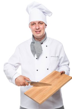 portra başarılı adam Şef bıçak ve kesme tahtası ile izole