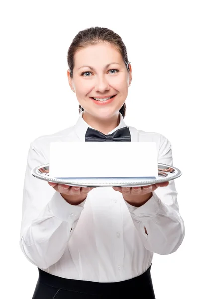 Successful waitress with a tray on which there is an empty blank — Stock Photo, Image