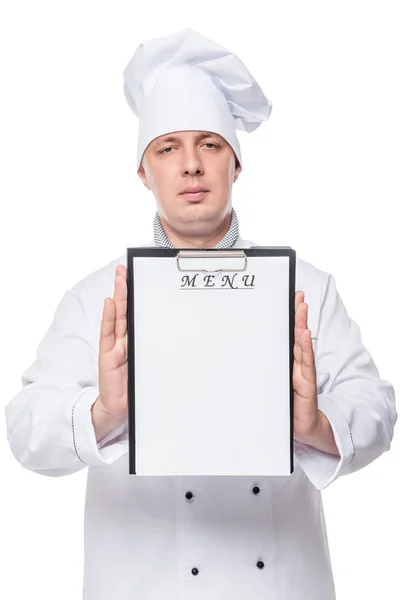 Menu form in the hands of a young successful chef on a white bac — Stock Photo, Image