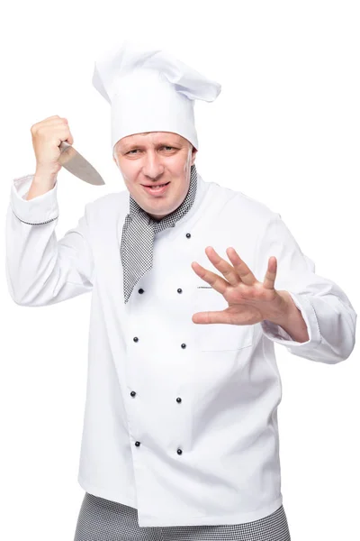 Verticale portret van een gek agressieve chefs op een witte backgro — Stockfoto