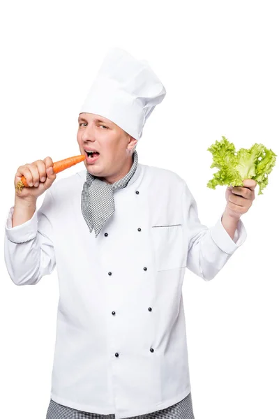 Vertical portrait of a chef in the studio on a white background — Stock Photo, Image