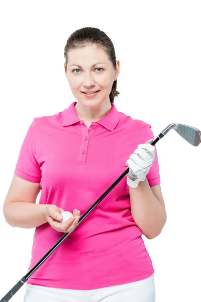 Retrato vertical de um golfista com equipamento em um backgrou branco — Fotografia de Stock