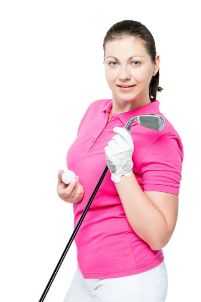 Jovem morena adora jogar golfe, posando em um fundo branco — Fotografia de Stock