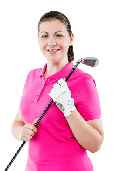 Usmívající se šťastná žena golfista pózuje na bílém pozadí s g — Stock fotografie