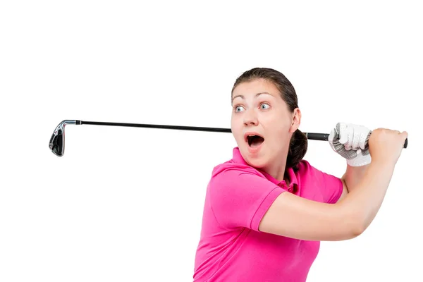 Παίχτης του γκολφ έκπληκτος κορίτσι ψάχνει την μπάλα και είναι χαρούμενος για ένα w — Φωτογραφία Αρχείου