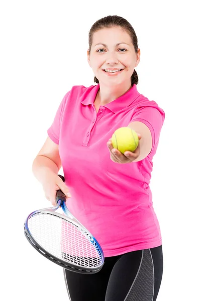 Exitoso jugador de tenis profesional con la pelota en una b blanca — Foto de Stock