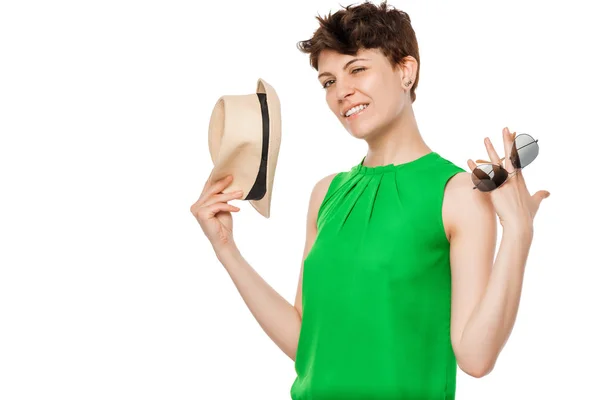 Young carefree woman on a white background posing in studio — Stock Photo, Image