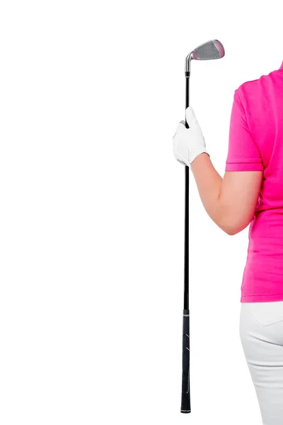 Mano enguantada sosteniendo un palo de golf y el espacio dejado en una ba blanca —  Fotos de Stock