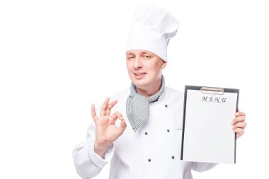 boş menü ile başarılı Şef bir jest tüm ok izole gösterir